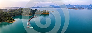 Aerial view of Khao Sok national park at sunrise, in Cheow lan lake, Surat Thani, Thailand