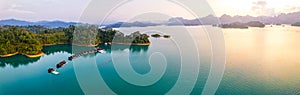 Aerial view of Khao Sok national park at sunrise, in Cheow lan lake, Surat Thani, Thailand