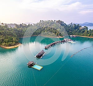 Aerial view of Khao Sok national park at sunrise, in Cheow lan lake, Surat Thani, Thailand