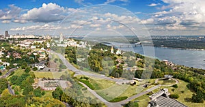 Aerial view of the Kiev Kyiv city, Ukraine. Dnieper river with bridges. Kiev-Pechersk Lavra