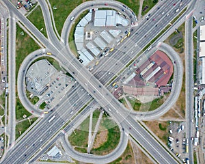 Aerial view Kiev, Ukraine road overpass with cars Poznyaki district