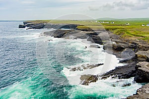 Aerial view of Kilkee Cliffs, situated at the Loop Head Peninsula, part of a dramatic stretch of Irish west coastline, county