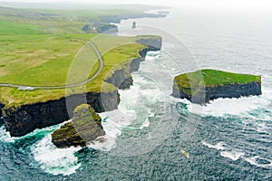 Aerial view of Kilkee Cliffs, situated at the Loop Head Peninsula, part of a dramatic stretch of Irish west coastline, county