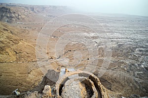 Aerial view of King Herod fortress ruins against the valley at foothills in Judean desert, Israel. Remains of ancient human
