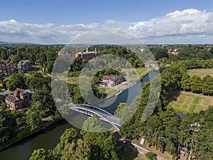 An aerial view of the Kingsland Bridge spanning the River Severn in Shrewsbury, Shropshire