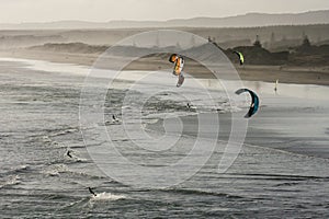 Aerial view of kite surfers on Muriwai beach