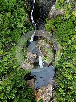 Aerial view of Kitekite Falls surrounded by lush greenery. New Zealand