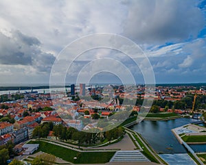 Aerial view of Klaipeda city center and port in horizon