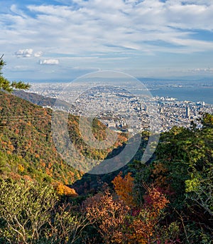 Aerial view of Kobe City from Mount Maya in Colorful season,