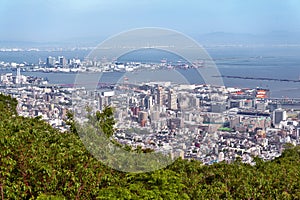 Aerial view of Kobe city and Port Island of Kobe from Mount Rokko, skyline and cityscape of Kobe, Hyogo Prefecture, Japan