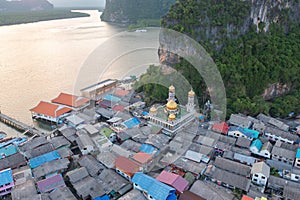 Aerial view of Koh Panyee, The Floating village urban city town houses, lake sea or river. Nature landscape fisheries and fishing