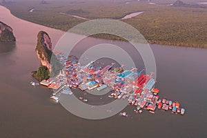 Aerial view of Koh Panyee, The Floating village urban city town houses, lake sea or river. Nature landscape fisheries and fishing