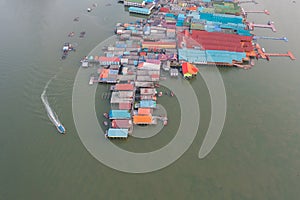 Aerial view of Koh Panyee, The Floating village urban city town houses, lake sea or river. Nature landscape fisheries and fishing