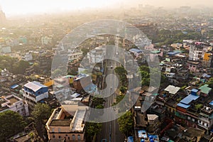 Aerial view of Kolkata at sunrise, capital city of West Bengal abd major Indian metropolis, also known as Calcutta. Panoramic photo