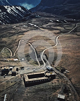 Aerial view of Komic village in Spiti Valley. World's highest motorable village