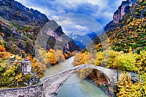 Aerial view of Konitsa bridge and Aoos River