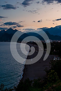 Aerial view of Konyaalti beach in Antalya after sunset.