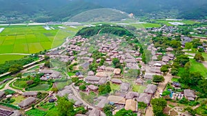 Aerial view of korean traditional folk village in Suncheon city