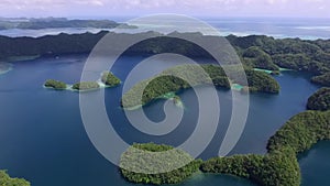 Aerial View Of Koror Island. Many Green Islets. Palau Seascape With Colorful Coral Reefs And Tropical Lagoons III