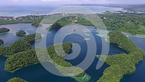 Aerial View Of Koror Island. Many Green Islets. Palau Seascape With Colorful Coral Reefs And Tropical Lagoons IV