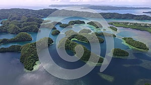 Aerial View Of Koror Island. Many Green Islets.  Seascape With Colorful Coral Reefs And Tropical Lagoons. Palau XIV