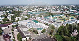 Aerial view of Kostroma cityscape overlooking ancient Gostiny Dvor and Saviour church, Russia