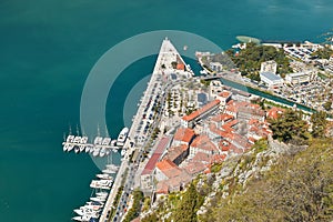 Aerial view of Kotor, Montenegro, Europe. Bay of Kotor on Adriatic Sea. Roofs of the historical buildings in the old