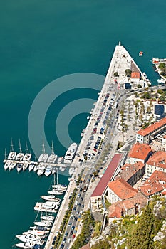 Aerial view of Kotor, Montenegro, Europe. Bay of Kotor on Adriatic Sea. Roofs of the historical buildings in the old