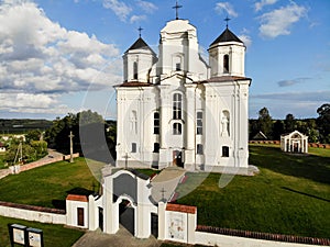 Aerial view of Kraziai church of st Mary of immaculate conception