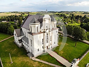 Aerial view of Kraziai church of st Mary of immaculate conception