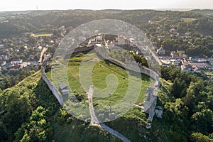 Aerial view of Kremenets castle ruins located on top of a hill in Kremenets town, Ternopil region, Ukraine