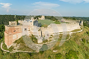 Aerial view of Kremenets castle ruins located on top of a hill in Kremenets town, Ternopil region, Ukraine
