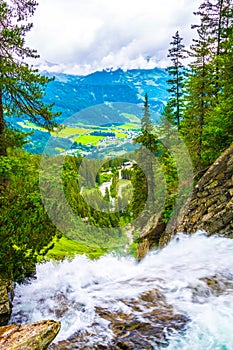 aerial view of Krimml village under the krimmler wassefalle waterfalls in the Austrian Alps.Austria, Europe....IMAGE