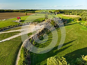 Aerial view of Kryziu kalnas, or the Hill of Crosses, a site of pilgrimage near the city of Å iauliai, in northern Lithuania