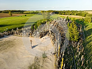 Aerial view of Kryziu kalnas, or the Hill of Crosses, a site of pilgrimage near the city of Å iauliai, in northern Lithuania