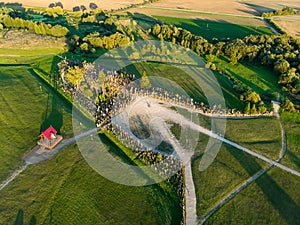 Aerial view of Kryziu kalnas, or the Hill of Crosses, a site of pilgrimage near the city of Å iauliai, in northern Lithuania