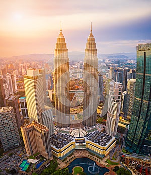 Aerial view of Kuala Lumpur city skyline at sunset in Kuala Lumpur, Malaysia