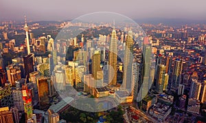 Aerial view of Kuala Lumpur Downtown, Malaysia. Financial district and business centers in smart urban city in Asia. Skyscraper