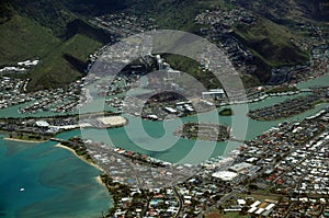 Aerial view of Kuapa Pond, Hawaii Kai Town, Portlock, clouds and