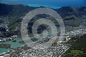 Aerial view of Kuapa Pond, Hawaii Kai Town, Windward coast