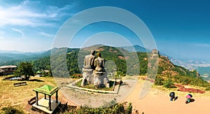 Aerial view of the Kuravan Kurathi Statue in Ramakkalmedu, Idukki, India