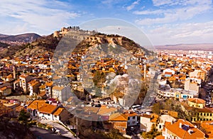 Aerial view of Kutahya cityscape with ancient castle hill, Turkey