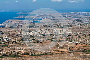 Aerial view of L-Imgarr Mgarr, MÃÂ¡arr, Mgiarro town, Northern region, Malta island. Rich farmland and vineyards around.