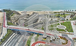 Aerial view of the La Amistad Bridge that connects Miraflores and San Isidro in the city of Lima, Sports and culture area