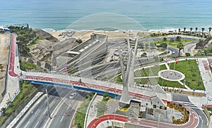 Aerial view of the La Amistad Bridge that connects Miraflores and San Isidro in the city of Lima, Sports and culture area photo