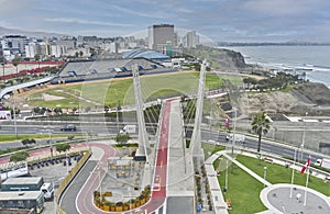 Aerial view of the La Amistad Bridge that connects Miraflores and San Isidro in the city of Lima, Sports and culture area photo