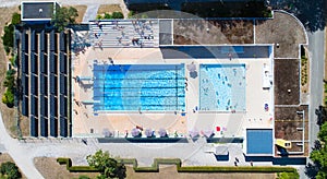 Aerial view of La Charbonniere public swimming pool in Ancenis
