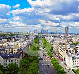 Aerial view of La Defense and a cloudy sky. Cityscape of Paris, France