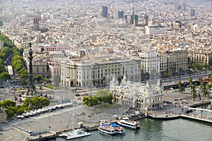 Aerial view of La Rambla near the waterfront with Columbus statue in Barcelona, Spain