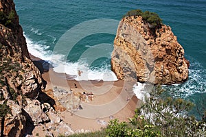 Aerial view of La Roca Roja beach in La Costa Brava region.